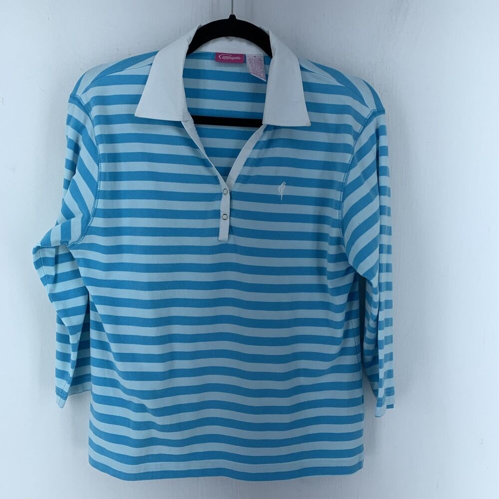 Cappagallo Medium Johnny Collar Rugby Shirt‎ Y2K Blue Stripes Preppy Casual
